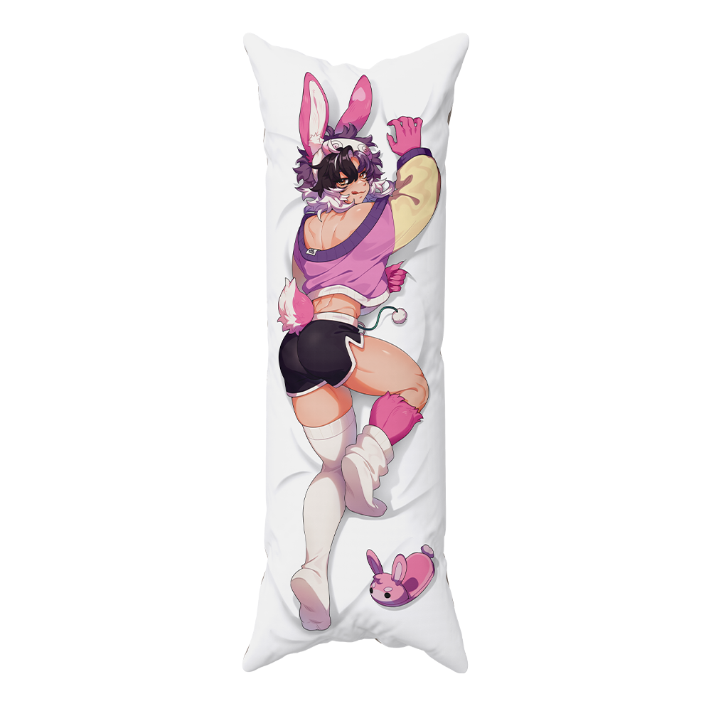 A long white body pillow featuring a printed anime-style bunny-themed character in pink, purple, black, and white, with a small matching bunny slipper graphic near the bottom.