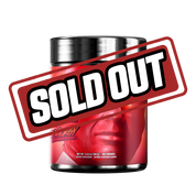 Black container with a red label featuring a glowing-eyed angry red face and supplement facts on the side.