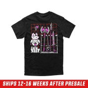 Back of Aethel and Nyanners Shirt showing graphic of a dog and a cat with an eye patch next too a weapons rack in front of a red square grid.