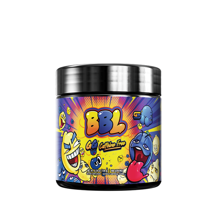Blue supplement container with colorful cartoon faces and a black lid showing supplement facts and directions label.