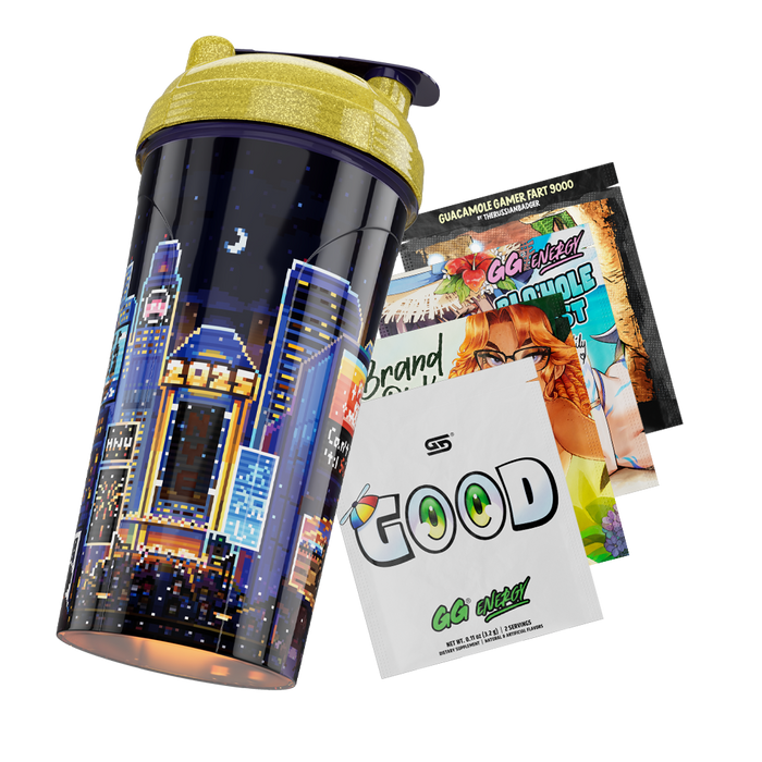 Black shaker cup with pixel art cityscape and yellow glitter lid featuring "Can't wait 'til Summer" text and sunset scene.