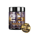 Black container with detailed white supplement facts and directions label, featuring gold and white text accents.