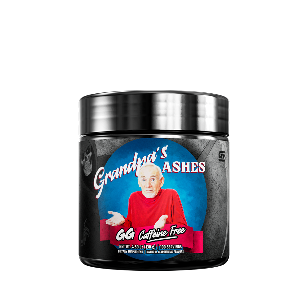 Front of Caffeine Free Grandpa's Ashes 100 Serving Tub showing label