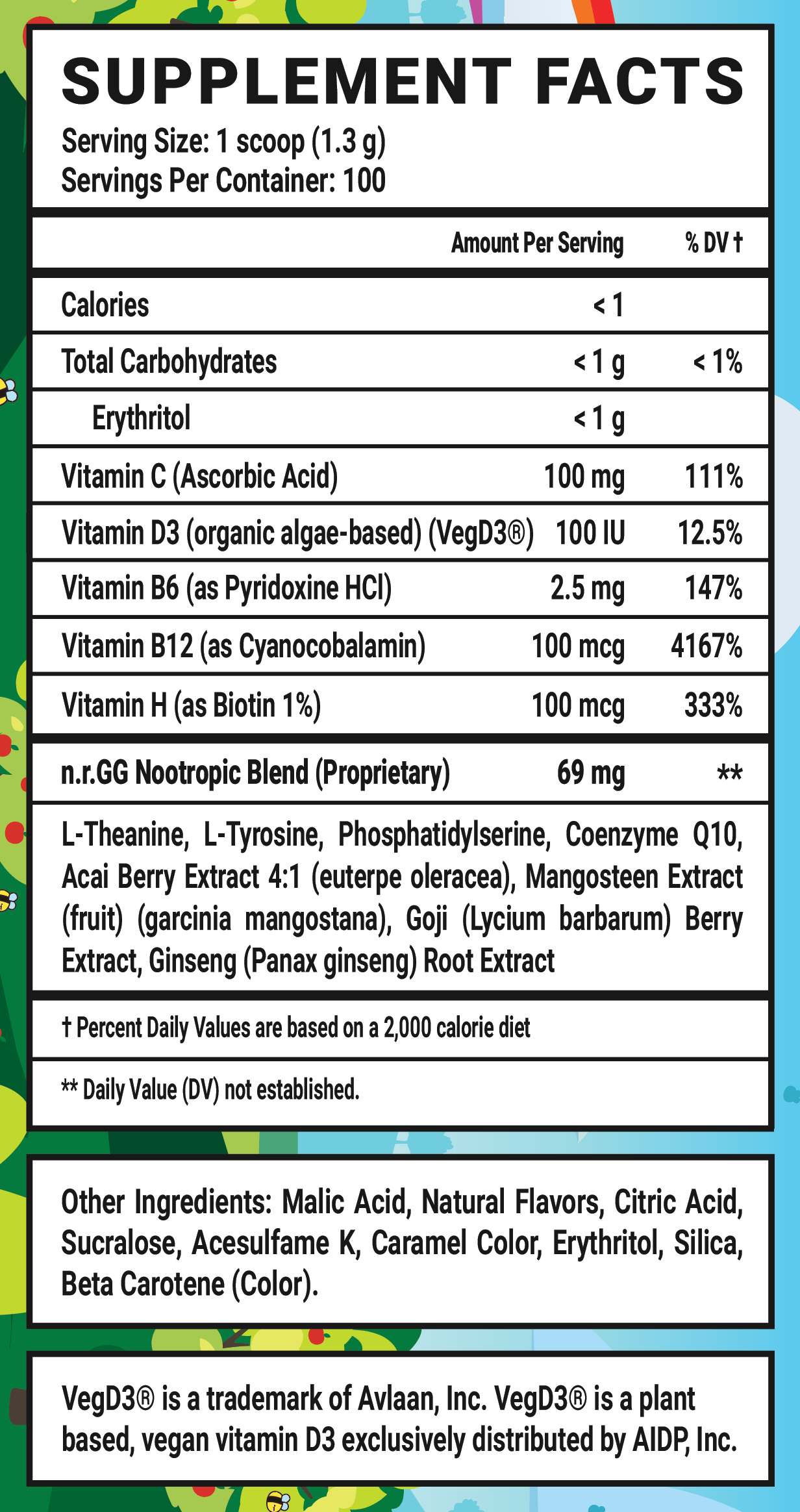 Happy Juice GG Caffeine Free - 100 Servings Nutrition Chart