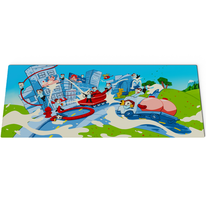 Bright mouse pad with cartoon cows spraying milk from fire hoses in a cityscape with a red hydrant.