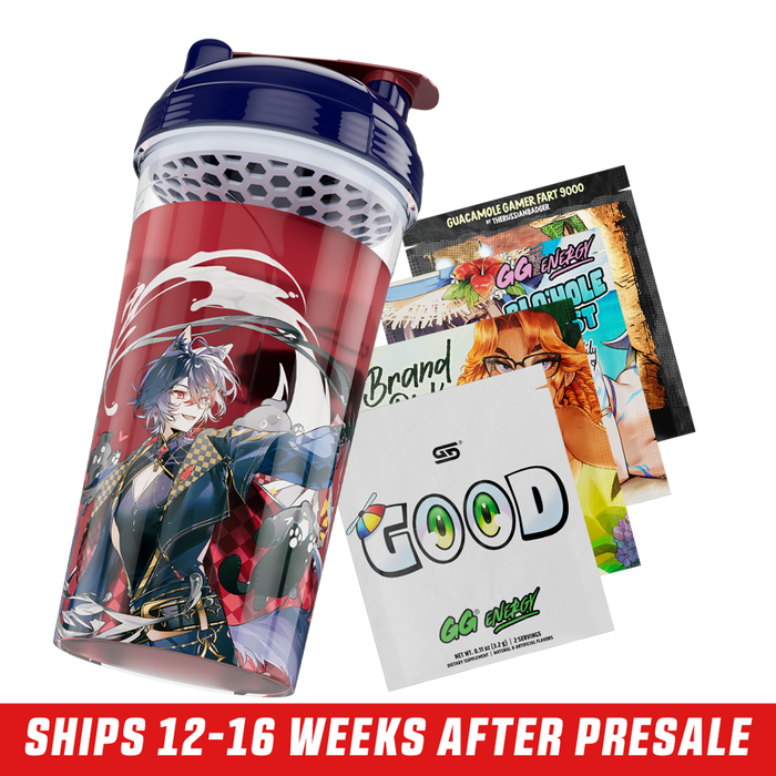 Clear shaker cup with dark blue lid and red flip cap featuring detailed fantasy character art in dark and gold tones.