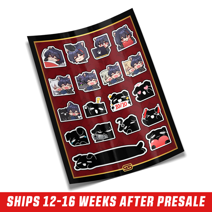 Sticker sheet with chibi cat-eared characters and black cartoon dog emojis on a dark red background with gold trim.