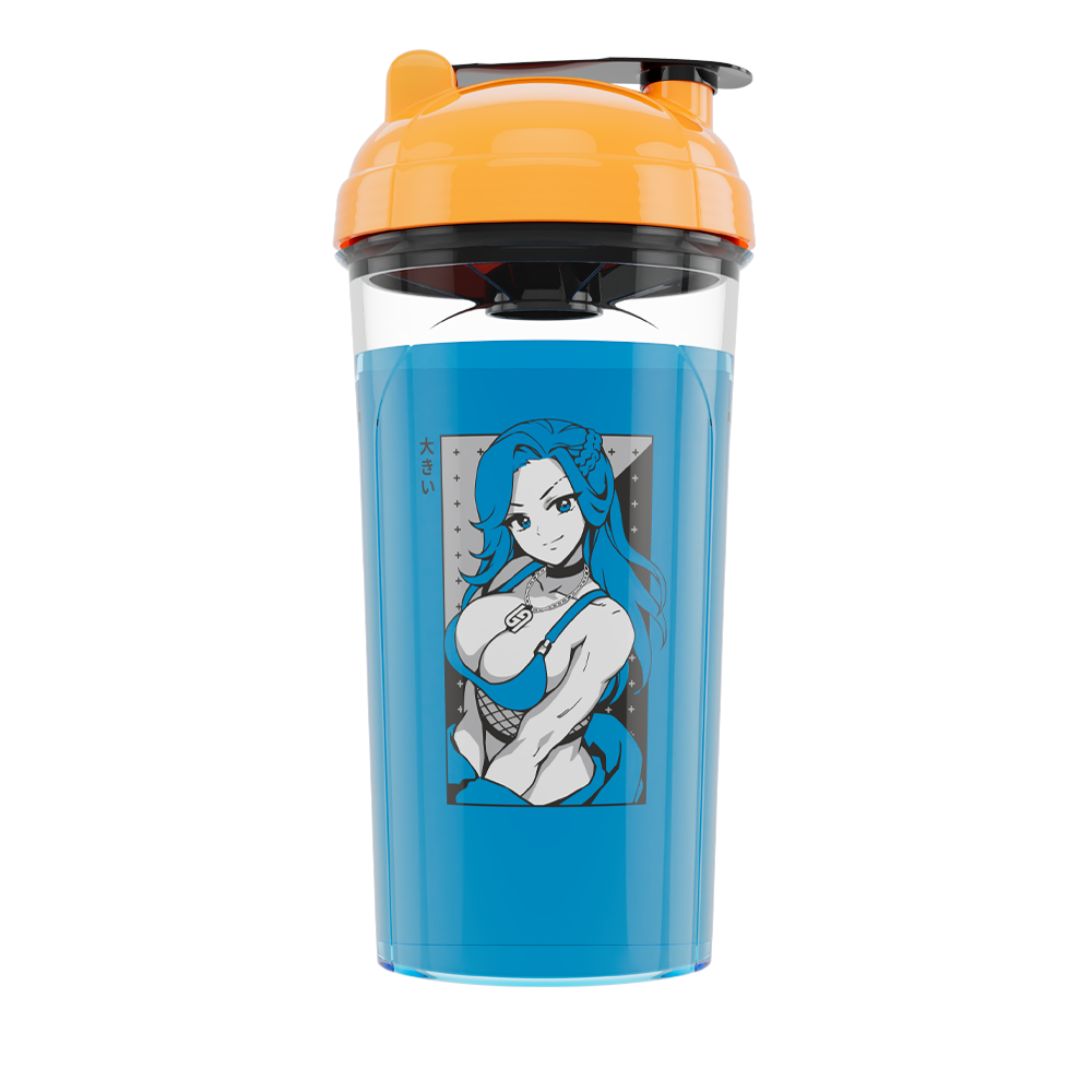 Front of Oki Shaker Filled with Blue Liquid showing Waifu Design Transparency