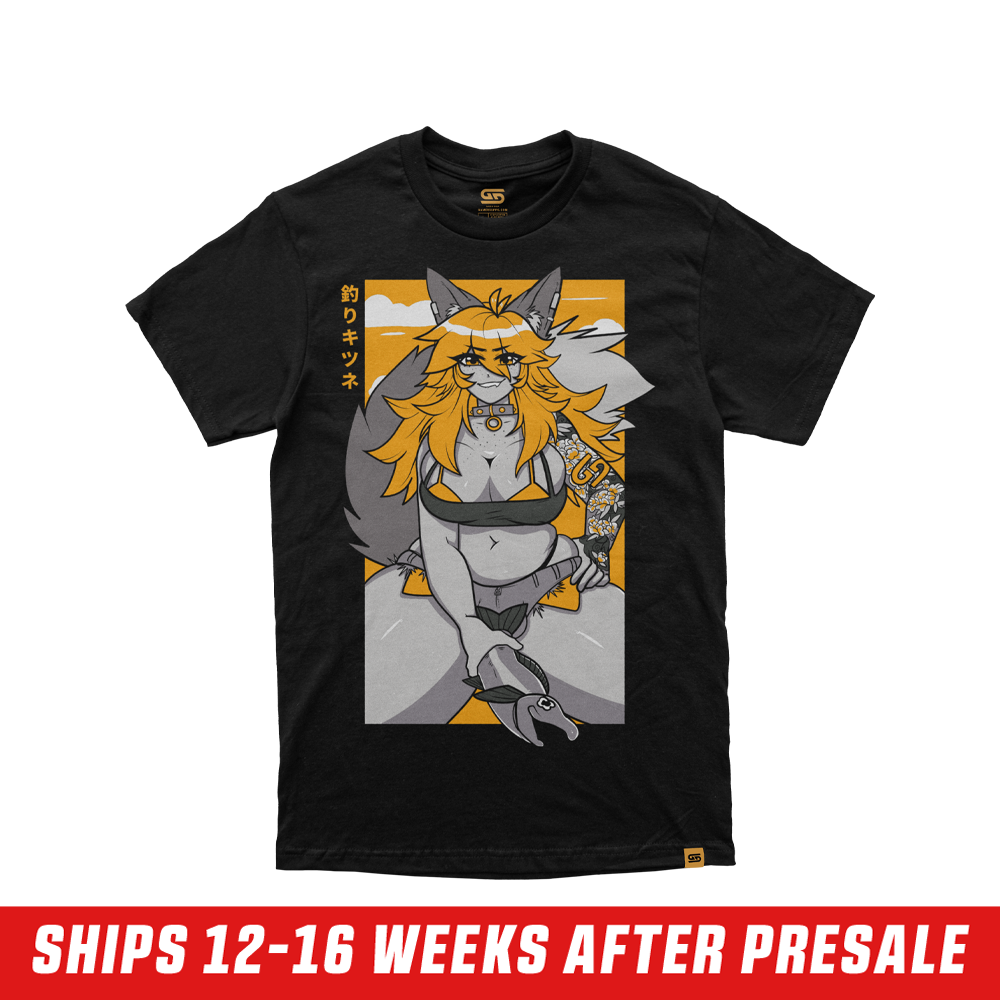 Black shirt with a cartoon fox character showing a large tail and orange hair on the back with Japanese text.