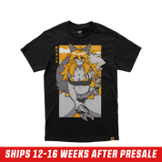 Black shirt with a cartoon fox character showing a large tail and orange hair on the back with Japanese text.