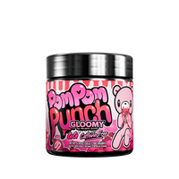 Black-lidded container with a pink label featuring white polka dots and detailed supplement facts on the back.