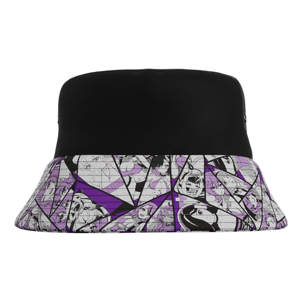 Back of Waifu Cups Season 4 Bucket Hat showing custom printed brim with various designs.