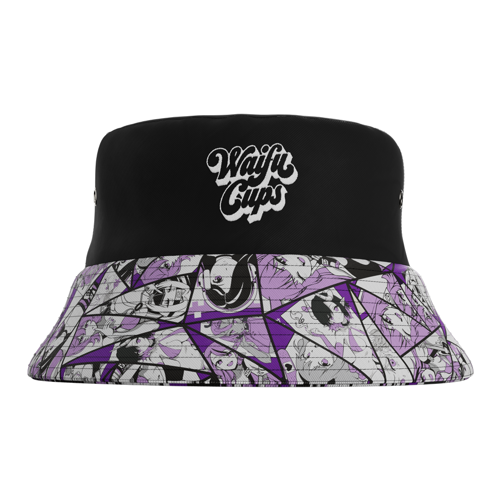Front of Waifu Cups Season 4 Bucket Hat showing custom embroidered logo and printed brim with various designs.