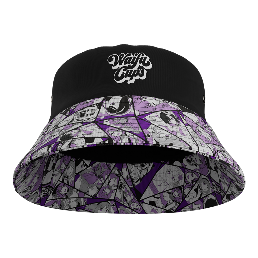 Inside of Bucket Hat showing printed brim and Custom embroidered logo on front of hat