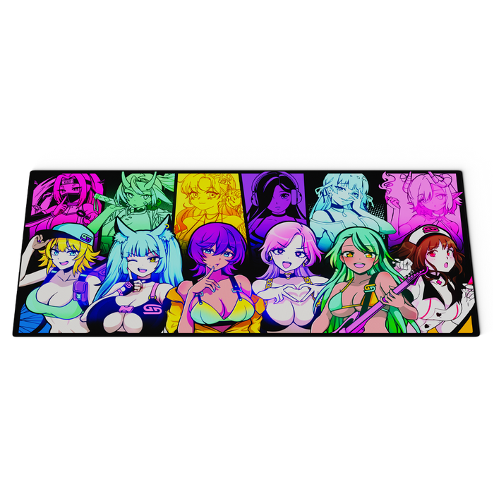 Large rectangular mouse pad with colorful anime-style female characters arranged in a rainbow gradient on a wooden desk.