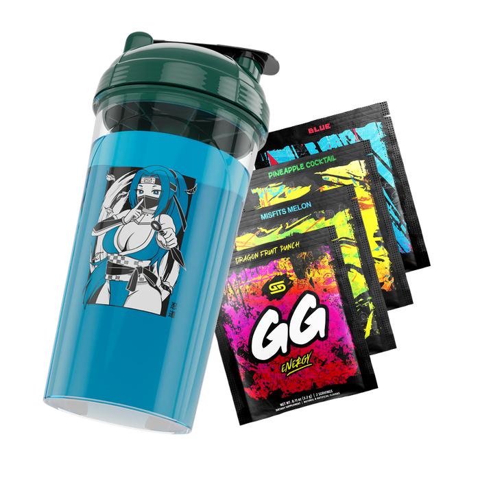 Front of Shinobi Waifu Cup tilted right filled with blue liquid above four free sample packs