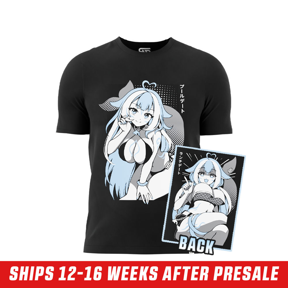 front of shylily double date shirt showing design with a preview of back waifu print and 12-16 week shipping banner