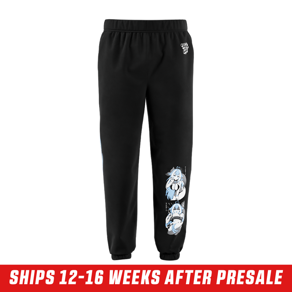 front of shylily joggers, showing design, waifu cups embrodiered logo on left pocket with 12-16 week shipping banner