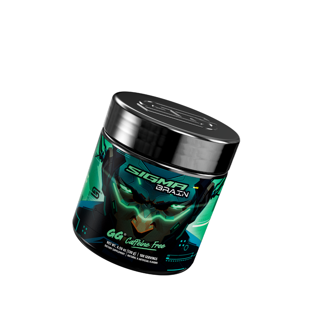 Sigma Brain Caffeine Free Tub tilted right showing Gamer Supps Logo on the top of the lid