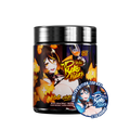 Black container with silver lid showing detailed supplement facts and blue and red label accents for energy formula.