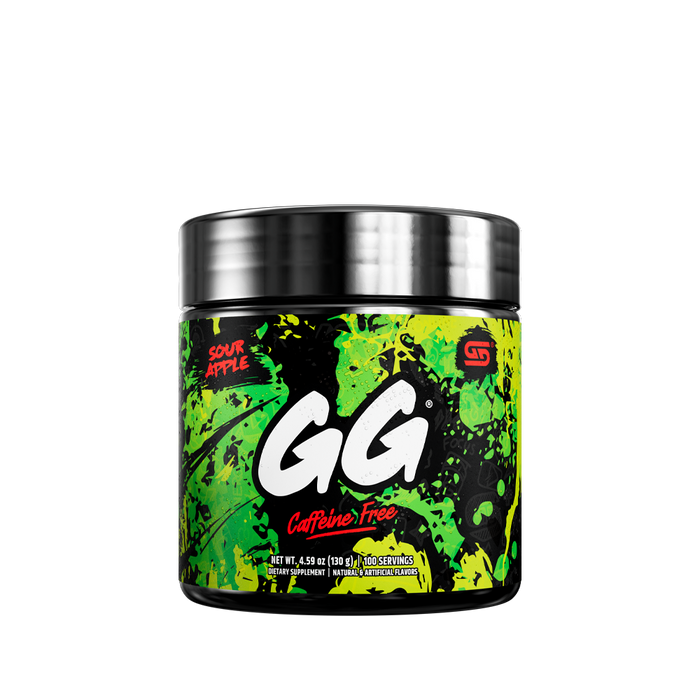 Black container with silver lid and detailed white supplement facts label on the back with green and yellow accents.