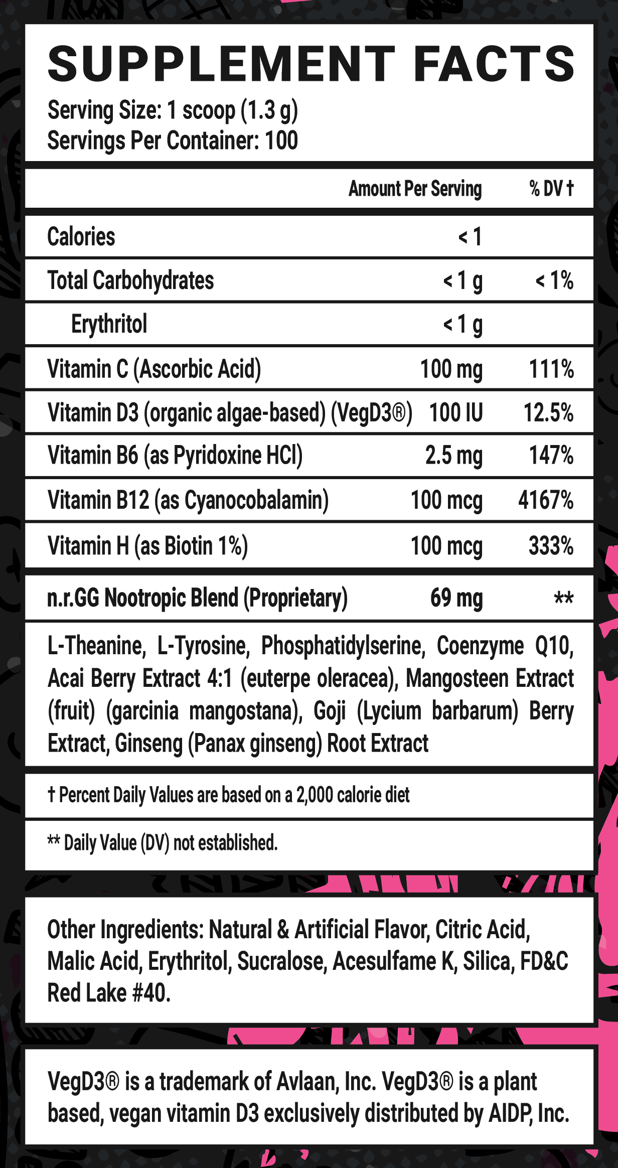 Strawberry Lemonade Caffeine Free - 100 Servings Nutrition Chart