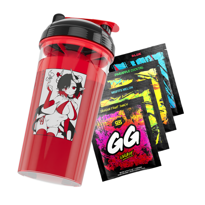 Succubus Waifu Cup filled with red liquid tilted right over 4 Free Gamer Supps Sample Packs