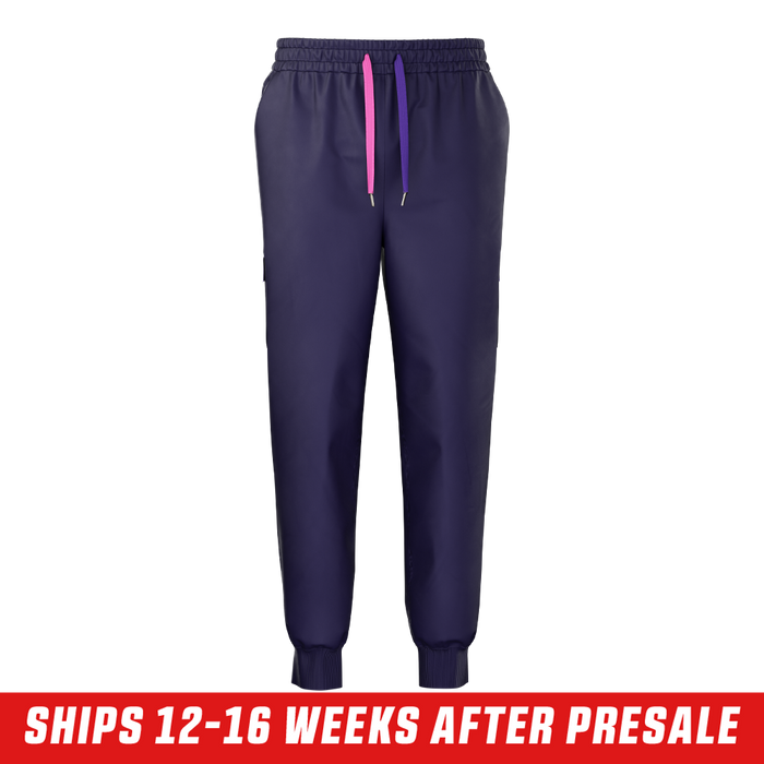 Dark purple joggers with a side cargo pocket outlined in light purple and a white curved stripe on the leg.