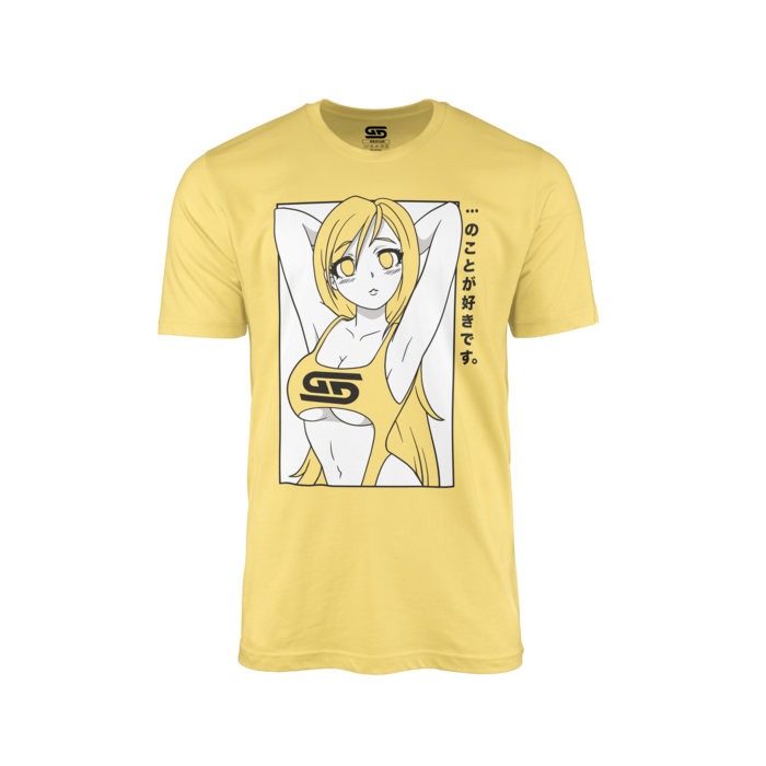 Light yellow shirt with an anime girl in a yellow swimsuit and Japanese text on the right side of the graphic.