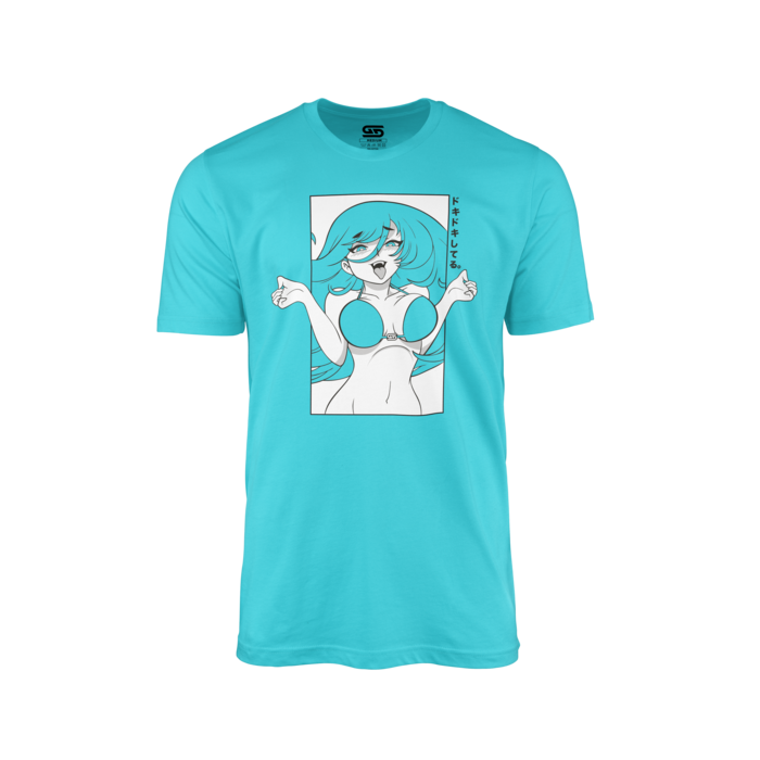 Bright turquoise shirt with a large anime-style girl in a bikini and Japanese text on the front center.