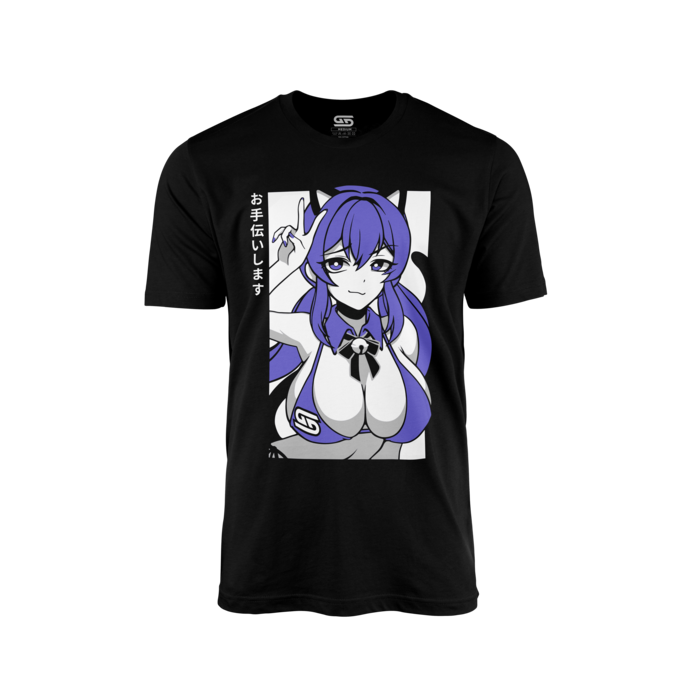 Black shirt with anime-style purple-haired cat maid character and Japanese text on front