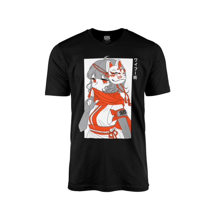 Black shirt with anime-style ninja girl wearing a red scarf and fox mask, Japanese text on the side.