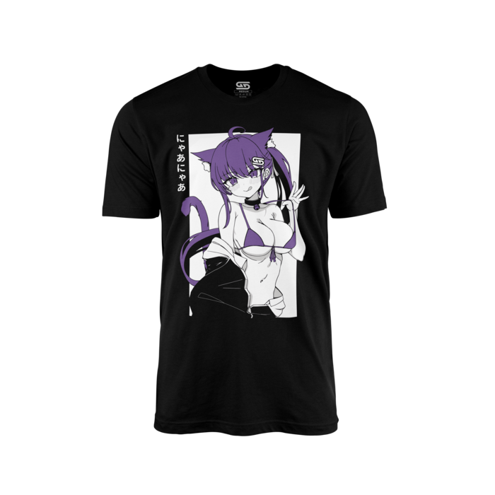 Black shirt with a purple-haired anime cat girl in a bikini and Japanese text on the left side of the image.