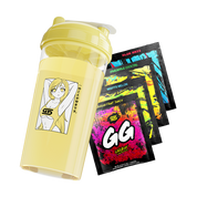 Yellow shaker cup with anime girl in a yellow top and four colorful energy drink packets behind it
