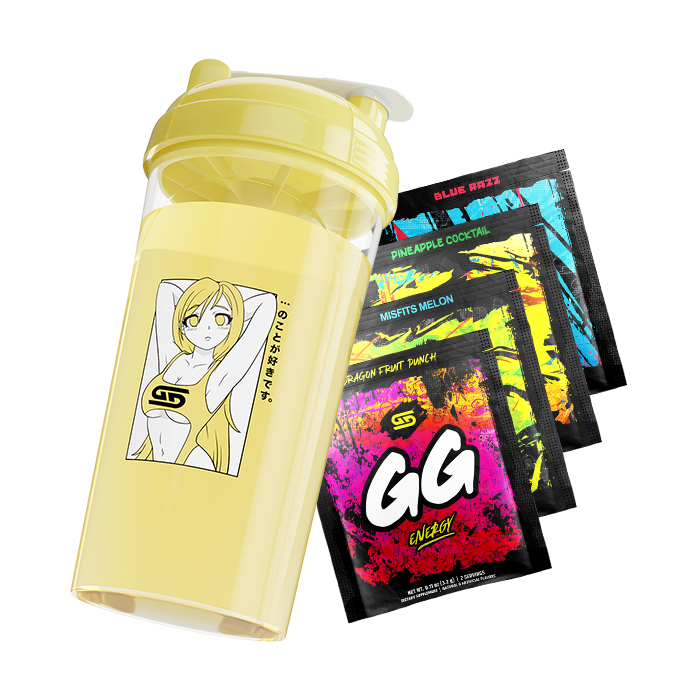 Waifu Cup S1.5 Bad Beach filled with Yellow Liquid above four Free GS Sample Packs