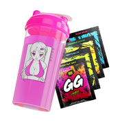 Bright pink shaker cup with anime girl in bikini top and Japanese text, alongside colorful energy drink packets.