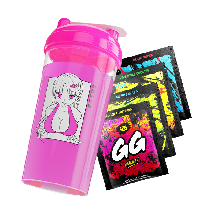 Waifu Cup S1.9 Mischievous filled with Pink Liquid above four Free GS Sample Packs