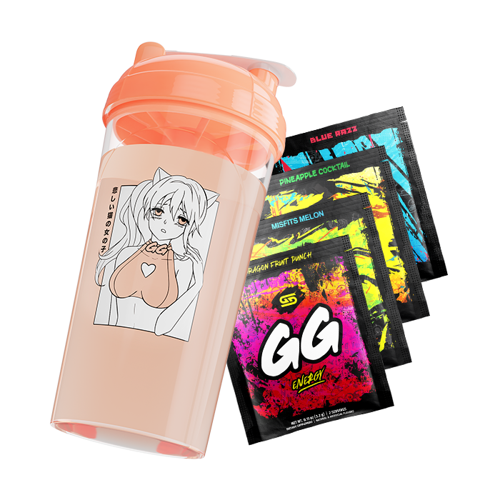 Waifu Cup S1.8 Sad Neko filled with Orange Liquid above four Free GS Sample Packs