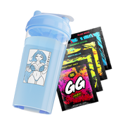 Light blue shaker cup with anime girl graphic and four colorful GG Energy powder packets fanned out beside it.