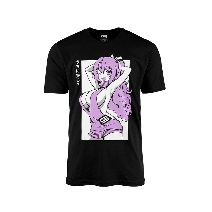 Black shirt with a large anime-style girl with long pink hair and a revealing pink sweater on the front.