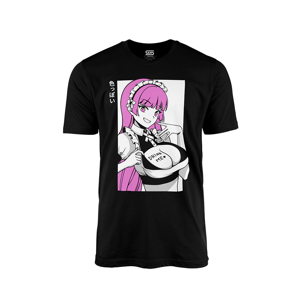 Front of Milkers Waifu  Black Shirt with White Background and Pink Hair