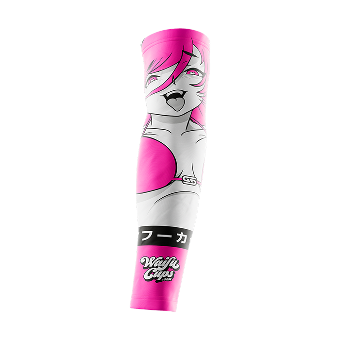 Bright pink and white gaming sleeve featuring a stylized anime girl with pink hair and a bikini top.